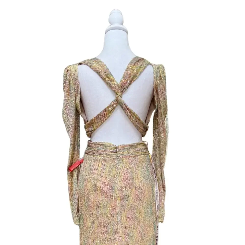 Mac Duggal Metallic Puff Sleeve Front Twist Gown 4 Gold Muti NWT Style 27050 - Picture 7 of 10